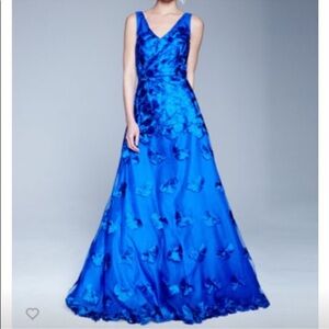 David Meister V-Neck Royal Blue Floral Appliqué Maxi Gown